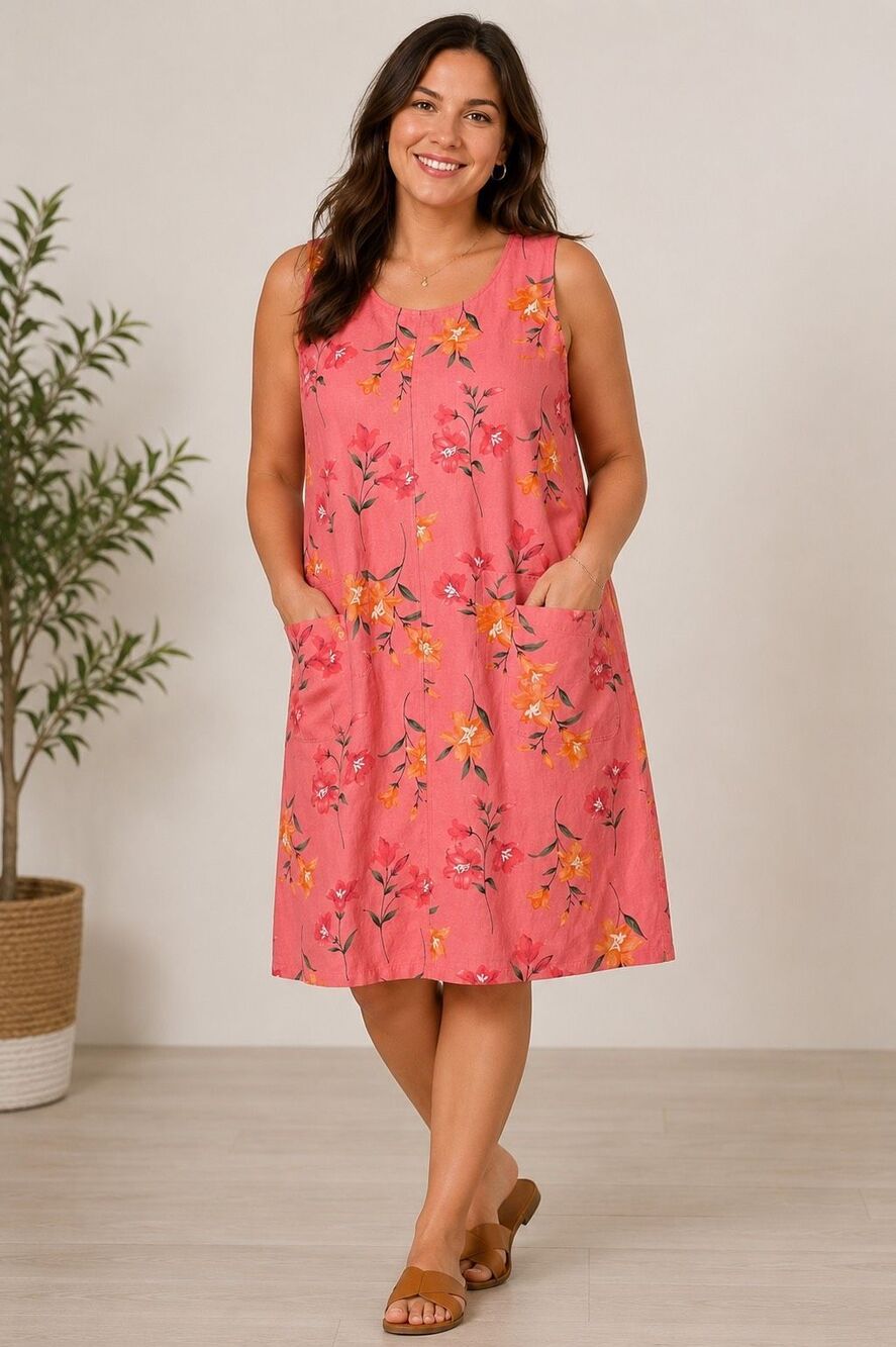 Westbound II 1X Linen Cotton Floral Sleeveless Dress Pink Pockets Plus Size